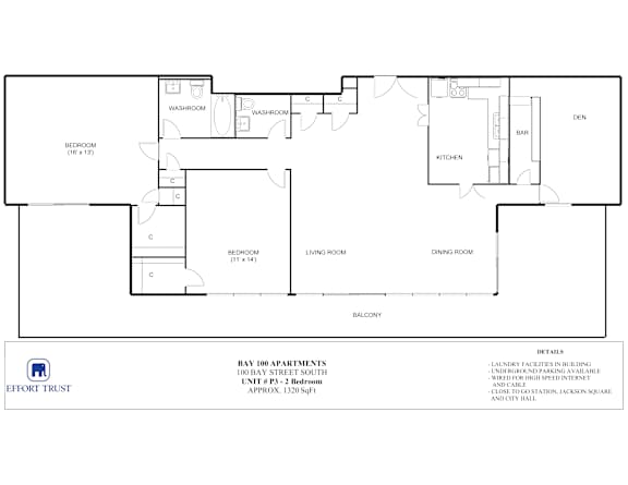 A floor plan of a 100 Bay Street South apartment with two bedrooms and a den.