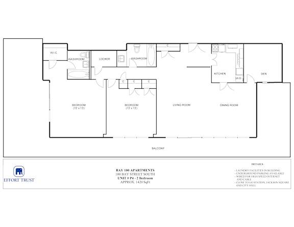 A floor plan of an apartment with a living room, dining room, kitchen, and bedrooms.