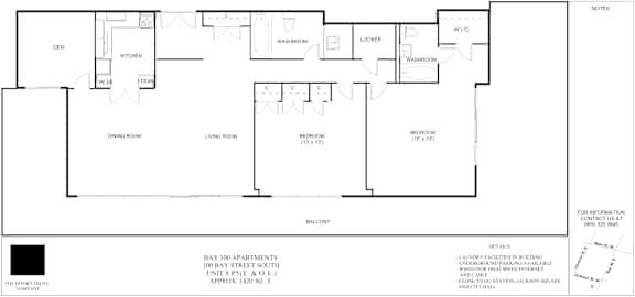 A black and white floor plan of a Bay 100 Apartments unit.