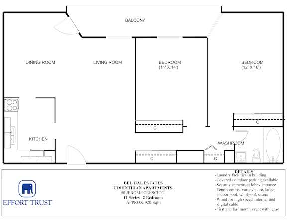 A floor plan of a Bel Gal Estates apartment shows a living room, dining room, kitchen, and two bedrooms.