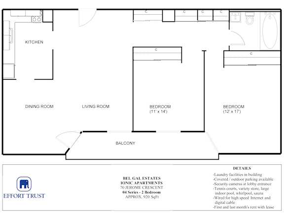 A floor plan of a living space with a kitchen, dining room, living room, and two bedrooms.