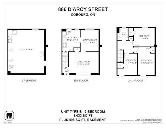A floor plan for a 3 bedroom apartment at 886 D'Arcy Street, Cobourg, Ontario.