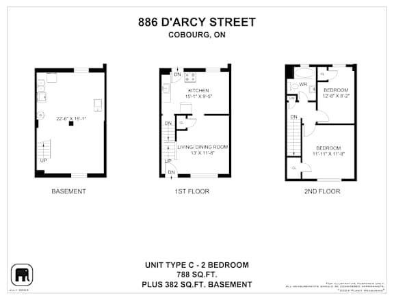 A floor plan for a 2 bedroom apartment at 886 D'Arcy Street, Cobourg, ON.