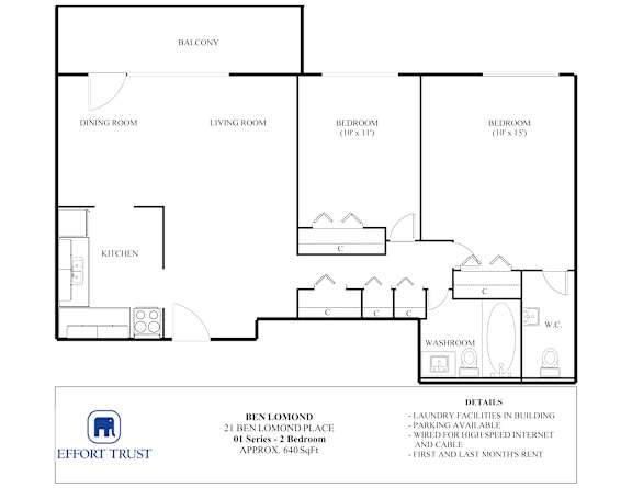A floor plan of a 2 bedroom apartment for rent.