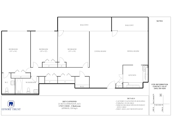 A floor plan for a 21 Ben Loomond Place apartment shows a living room, dining room, kitchen, and three bedrooms.