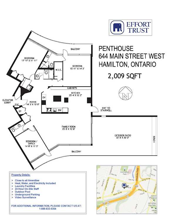A floor plan for a penthouse apartment at 644 Main Street West in Hamilton, Ontario.