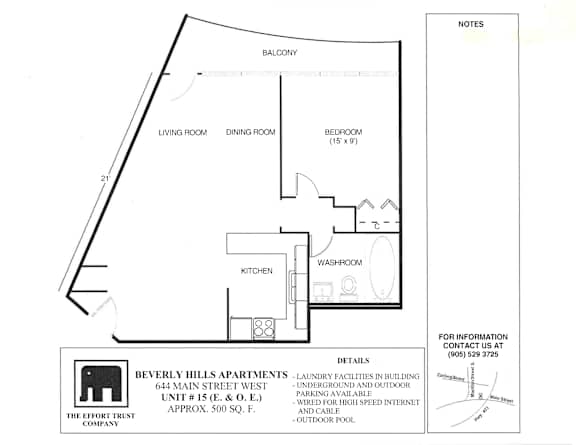A floor plan of an apartment with a living room, dining room, bedroom, kitchen, and bathroom.