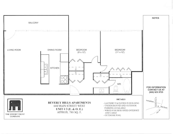 A floor plan for Beverly Hills Apartments shows a living room, dining room, kitchen, and two bedrooms.
