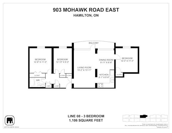 A floor plan for a property at 903 Mohawk Road East in Hamilton, ON, showing the layout of the bedrooms, living room, kitchen, and bathrooms.