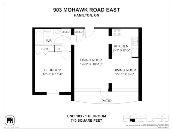 A floor plan for a 1 bedroom, 740 square foot unit at 903 Mohawk Road East.