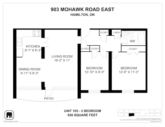 A floor plan for a 2 bedroom apartment at 903 Mohawk Road East in Hamilton, ON.