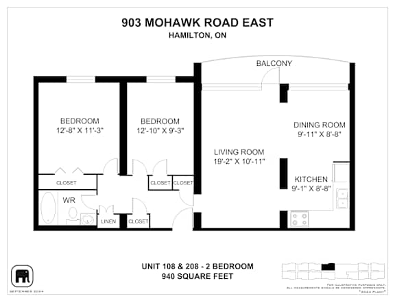 A floor plan for a two bedroom apartment at 903 Mohawk Road East in Hamilton, ON.