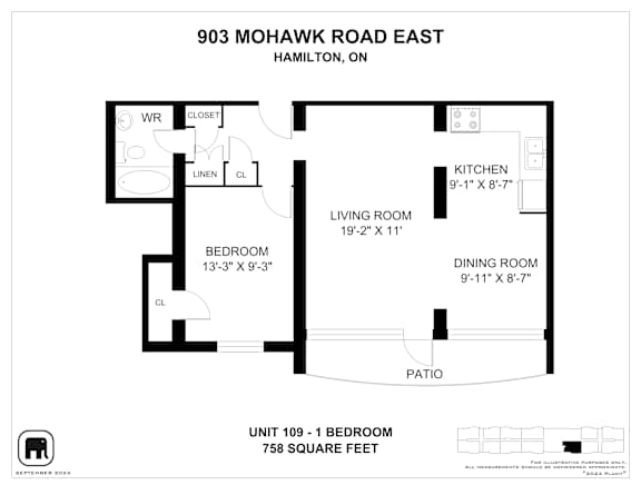 A floor plan for a 1 bedroom apartment at 903 Mohawk Road East, Hamilton, ON.