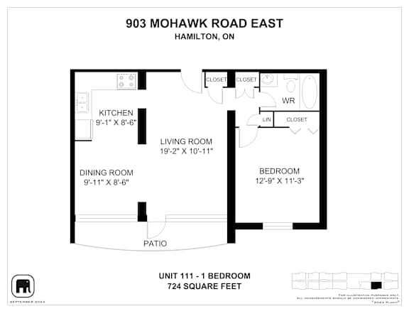 A floor plan for a unit at 903 Mohawk Road East in Hamilton, ON, showing a kitchen, living room, dining room, bedroom, and patio.