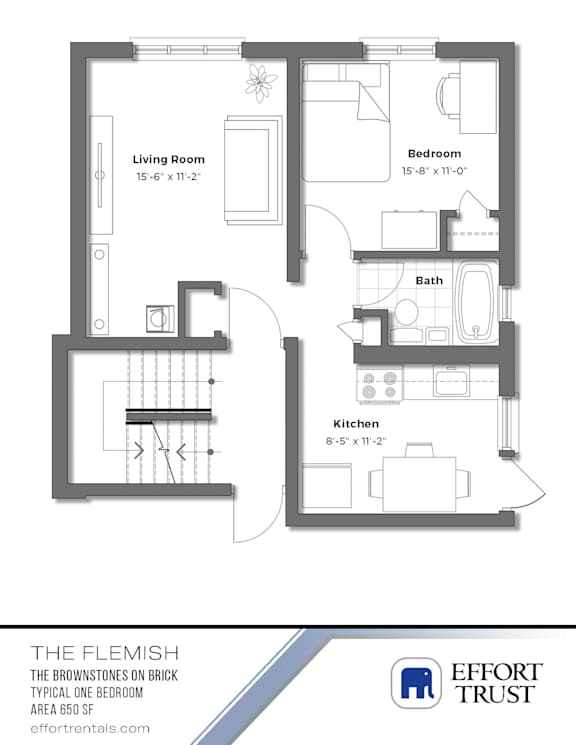 A floor plan of a one bedroom apartment with a living room, bedroom, bathroom and kitchen.