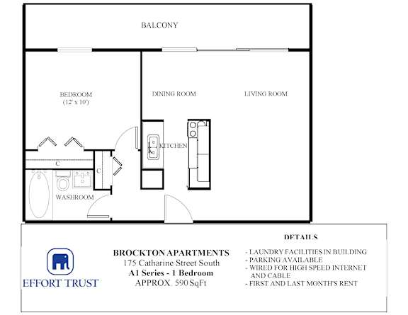 A floor plan for a one bedroom apartment with a laundry facility in the building.