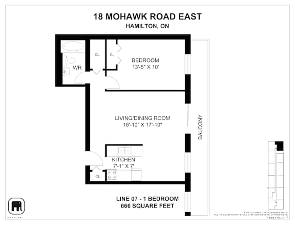 A floor plan for a one bedroom apartment at 18 Mohawk Road East, Hamilton, Ontario.