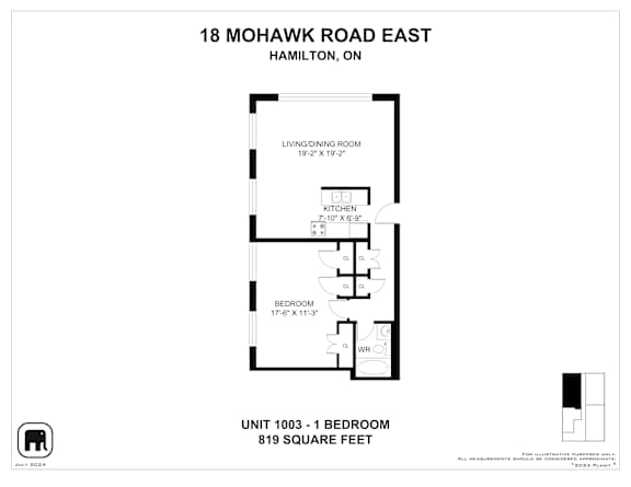 A drawing of a floor plan for an apartment at 18 Mohawk Road East, Hamilton, ON.