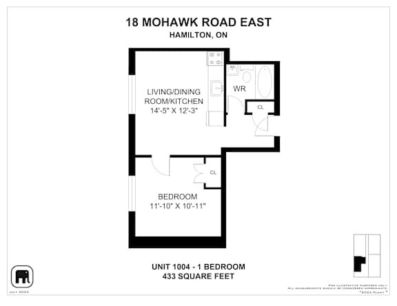 A floor plan for a unit at 18 Mohawk Road East in Hamilton, Ontario, Canada.