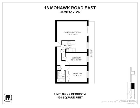 A floor plan for a 2 bedroom apartment at 18 Mohawk Road East, Hamilton, ON.
