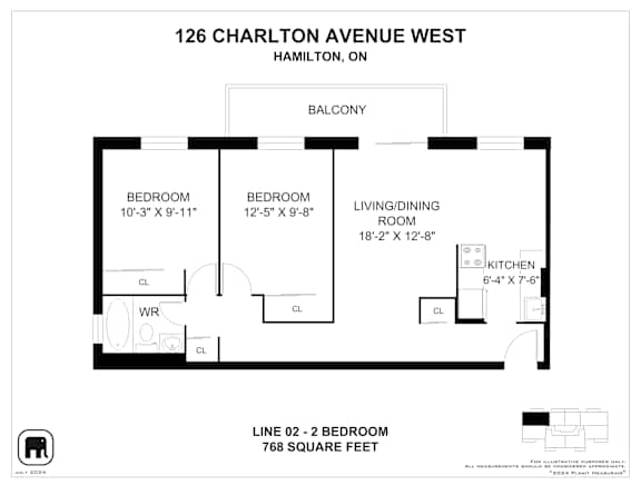 Floor plan for a 2 bedroom apartment at 126 Charlton Avenue West, Hamilton, ON.