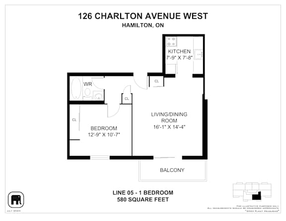 A floor plan for a property at 126 Charlton Avenue West in Hamilton, ON, showing a kitchen, living/dining room, bedroom, and balcony.