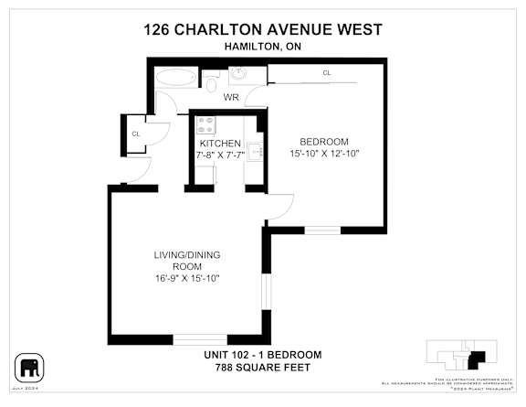 A floor plan for a unit at 126 Charlton Avenue West in Hamilton, ON.