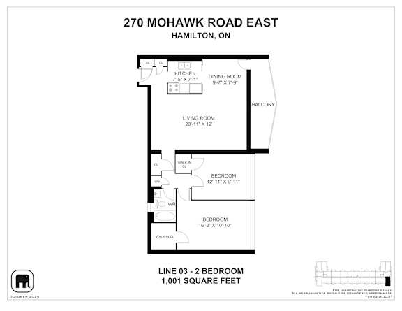 A floor plan for a two bedroom apartment at 270 Mohawk Road East, Hamilton, ON.