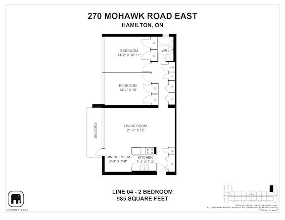 A floor plan for a property at 270 Mohawk Road East, Hamilton, ON, showing the layout of the bedrooms, living room, dining room, and kitchen.