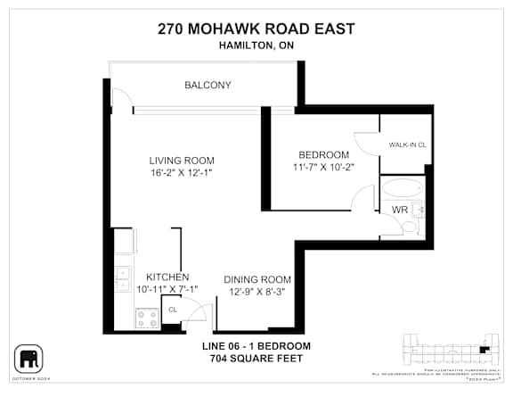 A floor plan for a home at 270 Mohawk Road East in Hamilton, ON, showing the layout of the living room, bedroom, kitchen, and dining room.