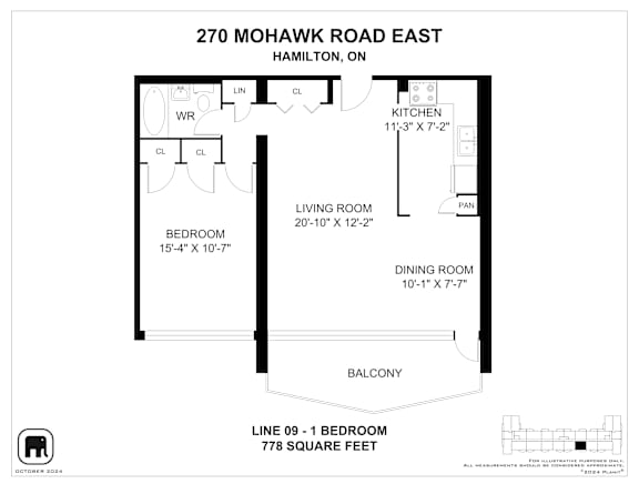 A floor plan for a home at 270 Mohawk Road East in Hamilton, ON, showing a living room, two bedrooms, a kitchen, a dining room, and a balcony.