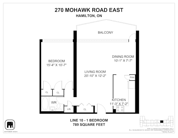 A floor plan for a home at 270 Mohawk Road East in Hamilton, ON, showing the layout of the bedroom, living room, dining room, kitchen, and balcony.