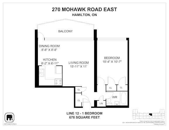 A floor plan for a home at 270 Mohawk Road East in Hamilton, ON, showing the layout of the bedrooms, living room, kitchen, and dining room.