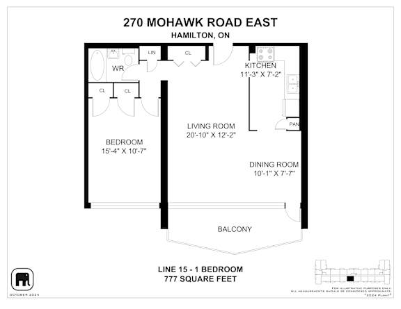 A floor plan for a home at 270 Mohawk Road East in Hamilton, ON, showing the layout of the bedrooms, living room, kitchen, dining room, and balcony.