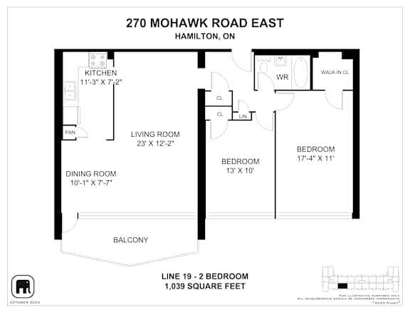 A floor plan for a home at 270 Mohawk Road East in Hamilton, ON, showing the layout of the bedrooms, living room, dining room, kitchen, and balcony.