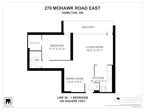 A floor plan for a home at 270 Mohawk Road East in Hamilton, ON, showing the layout of the bedrooms, living room, dining room, kitchen, and balcony.