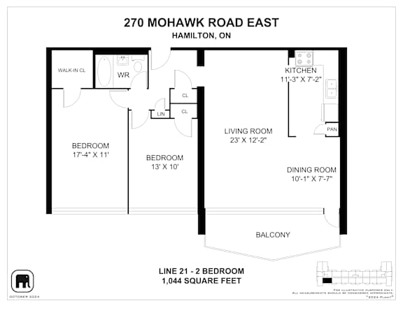 A floor plan for a home at 270 Mohawk Road East in Hamilton, ON, showing the layout of the bedrooms, living room, kitchen, dining room, and balcony.