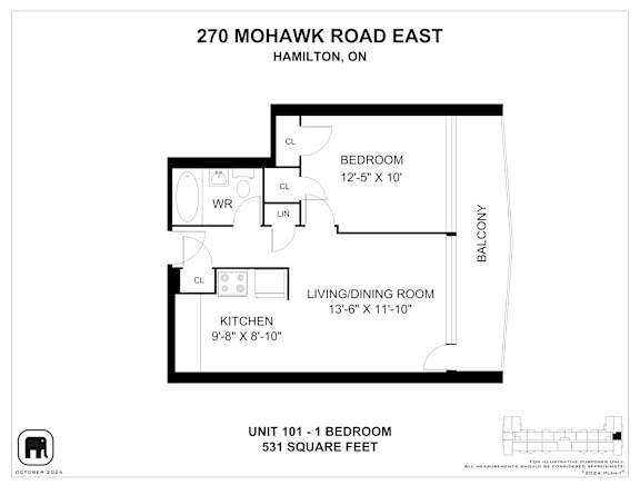 A floor plan for a unit at 270 Mohawk Road East in Hamilton, Ontario.