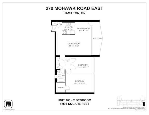 A floor plan for a 2 bedroom, 2 bathroom apartment at 270 Mohawk Road East, Hamilton, ON.