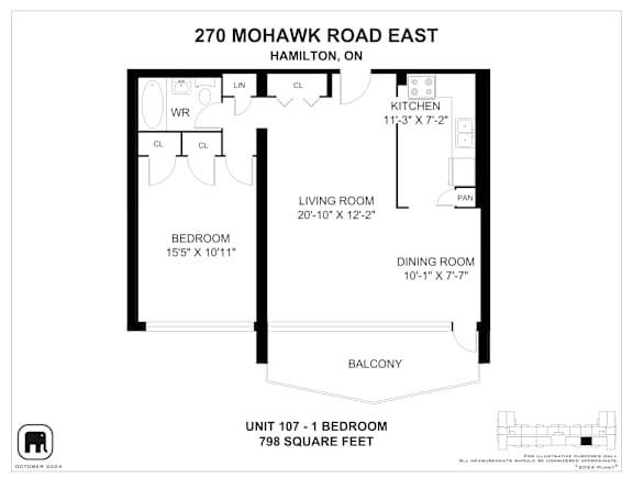 A floor plan for a unit at 270 Mohawk Road East, Hamilton, ON, showing a bedroom, living room, dining room, kitchen, and balcony.