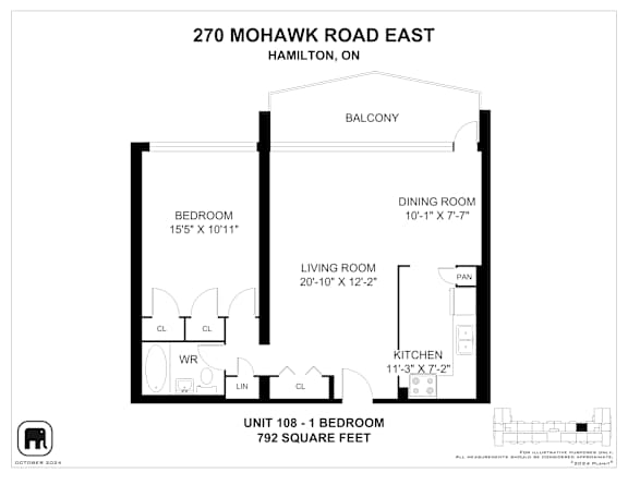 A floor plan for a unit at 270 Mohawk Road East in Hamilton, Ontario.