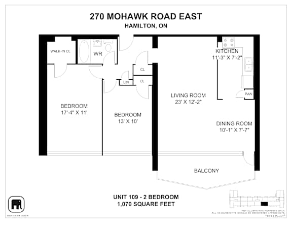 A floor plan for a unit at 270 Mohawk Road East in Hamilton, Ontario, Canada.
