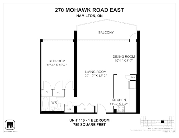 A floor plan for a unit at 270 Mohawk Road East in Hamilton, ON, showing a bedroom, living room, dining room, kitchen, and balcony.
