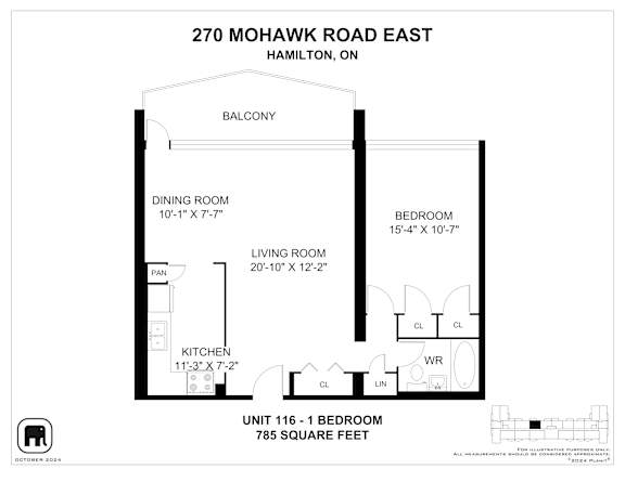 A floor plan for a unit at 270 Mohawk Road East in Hamilton, ON, showing a living room, dining room, kitchen, and two bedrooms.