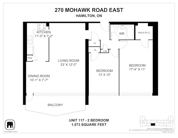 A floor plan for a unit at 270 Mohawk Road East in Hamilton, Ontario, Canada.