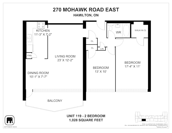 A floor plan for a unit at 270 Mohawk Road East in Hamilton, Ontario, Canada.