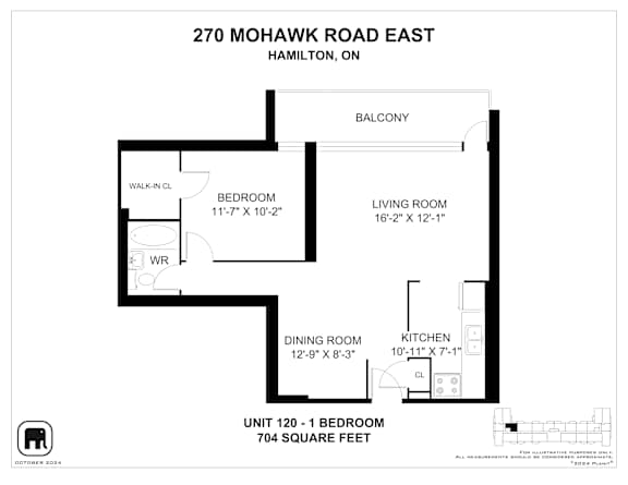 A floor plan for a unit at 270 Mohawk Road East in Hamilton, ON, showing a bedroom, living room, dining room, kitchen, and balcony.