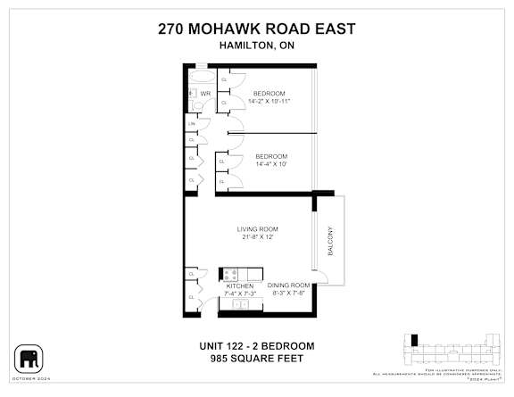 A floor plan for a unit at 270 Mohawk Road East in Hamilton, ON, showing a living room, two bedrooms, a kitchen, and a dining room.