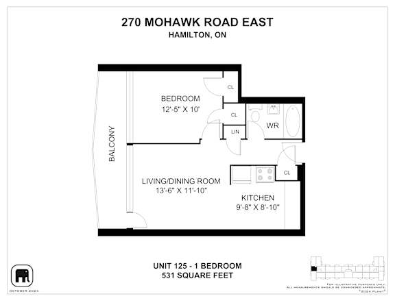 A floor plan for a unit at 270 Mohawk Road East in Hamilton, Ontario.