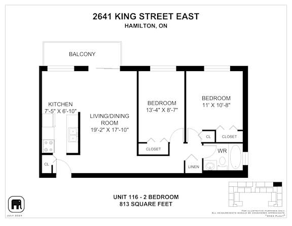 A floor plan for a unit at 2641 King Street East in Hamilton, Ontario.